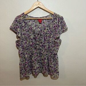 Elle Women's Purple Floral Blouse|Sheer|Size XL| Stretch Waist|Ruffels